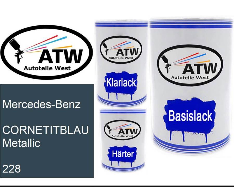 Mercedes-Benz, CORNETITBLAU Metallic, 228: 500ml Lackdose + 500ml Klarlack + 250ml Härter - Set, von ATW Autoteile West.